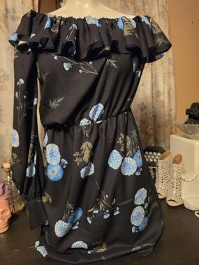 long tall sally Black One-Shoulder Dress with Blue Floral Print
